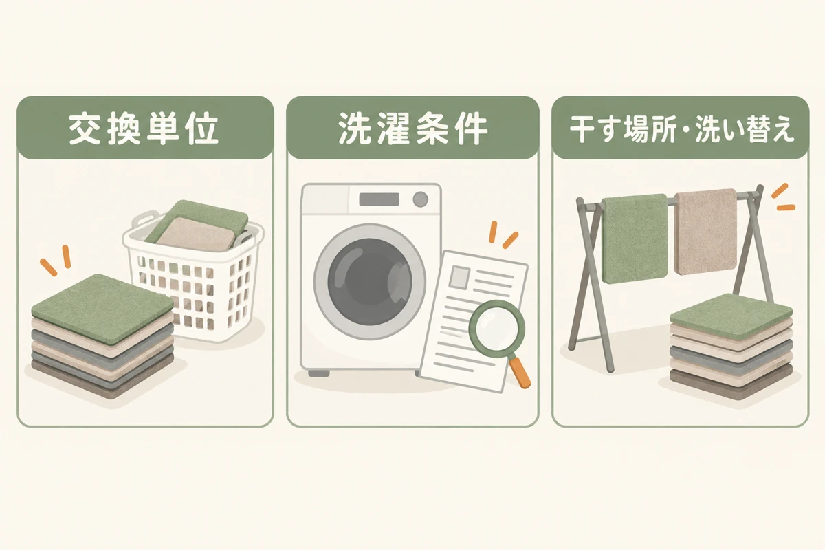 手入れを続けるために確認する交換単位、洗濯条件、干す場所と洗い替えの3項目を示す図解