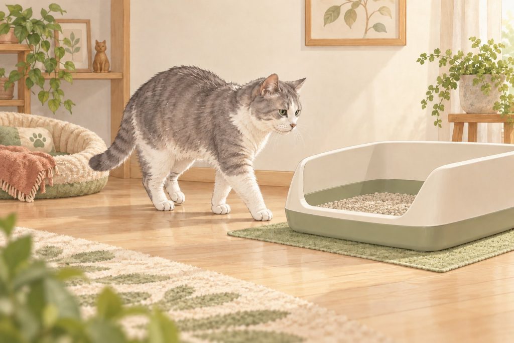 低い入口のトイレに向かうシニア猫のイラスト