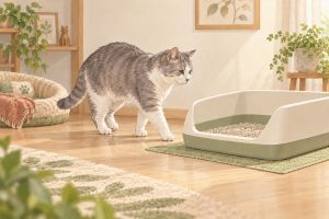 低い入口のトイレに向かうシニア猫のイラスト