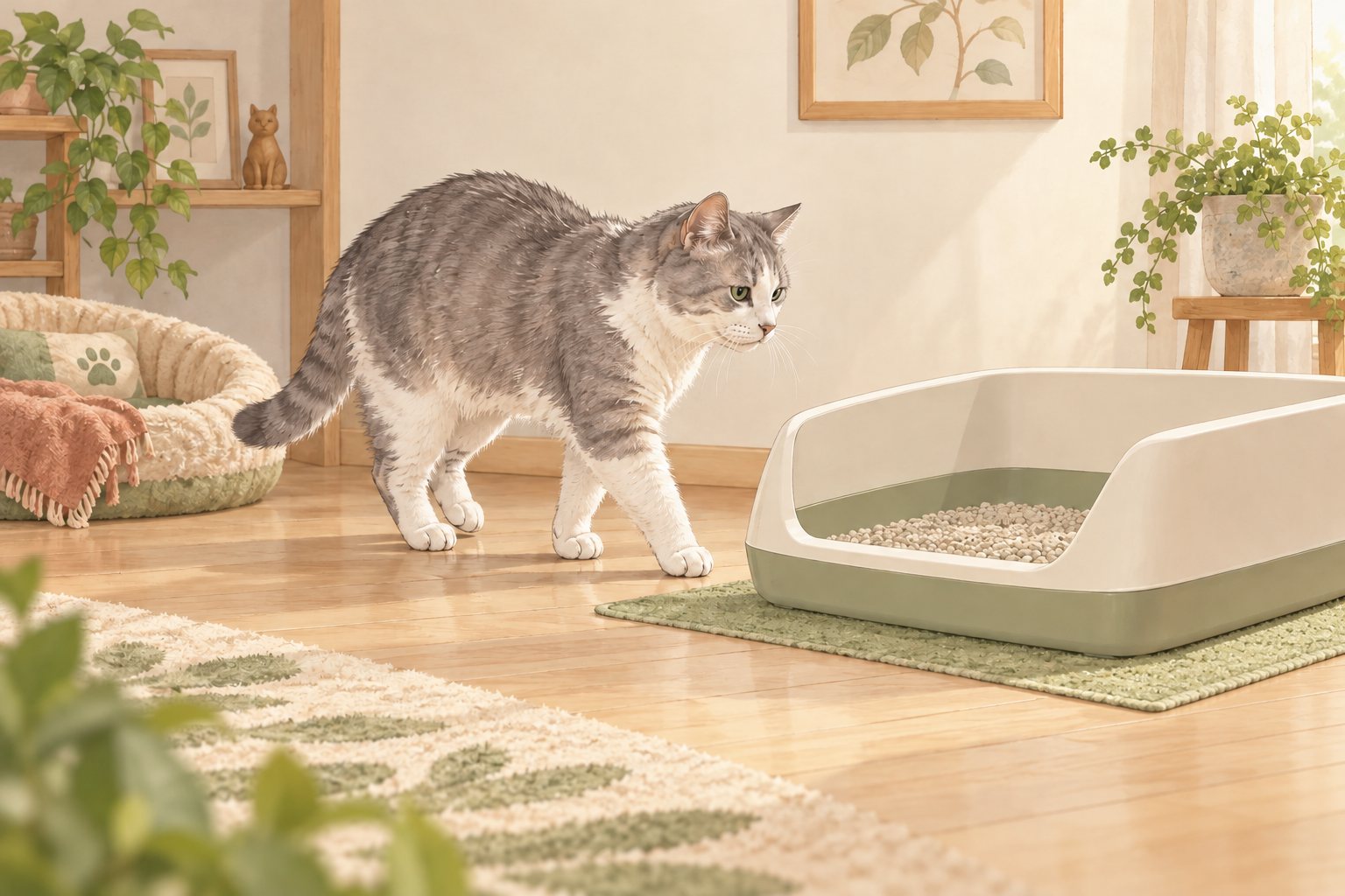 低い入口のトイレに向かうシニア猫のイラスト