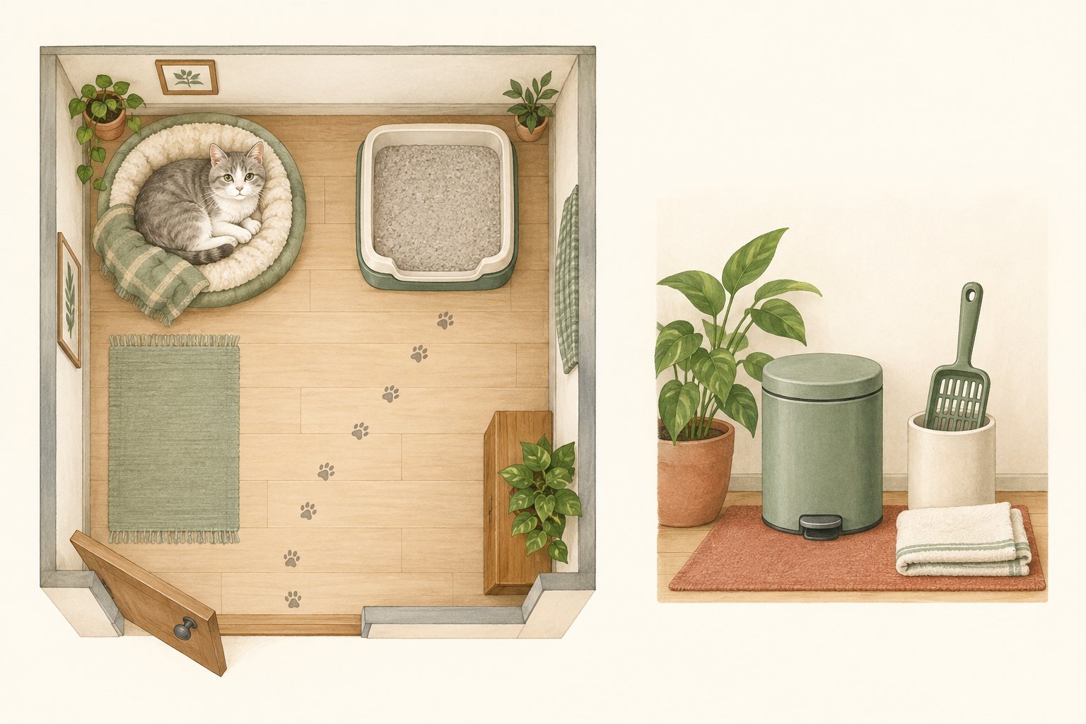 トイレへの通り道を空ける部屋の配置と、別にまとめた掃除道具のイラスト