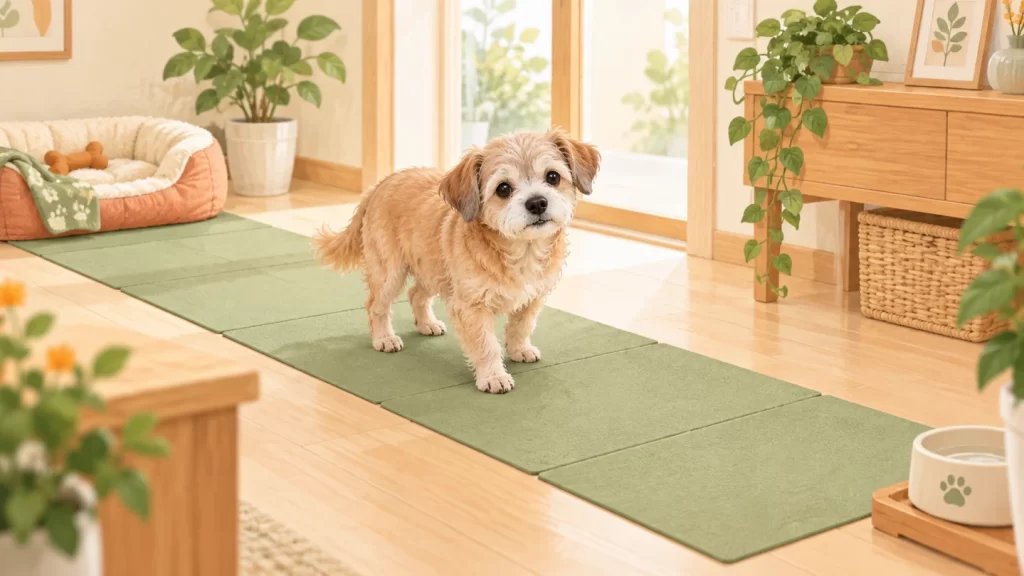 老犬が寝床と水飲み場を結ぶマットの動線に立つ室内のイメージイラスト