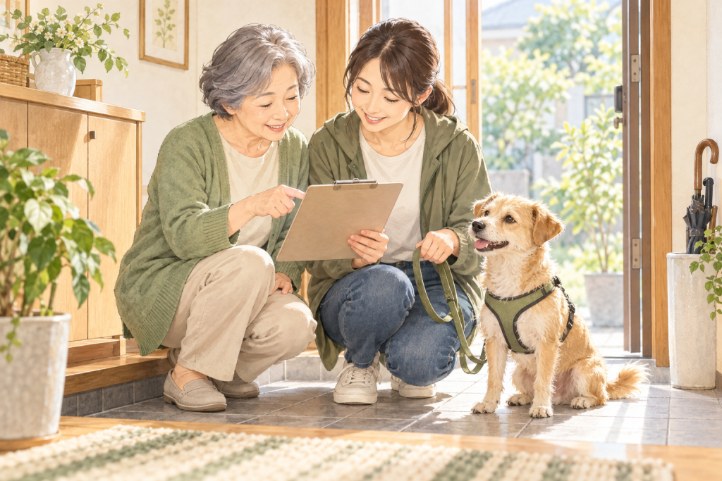 玄関で犬の散歩の引継ぎメモを家族と確認する飼い主